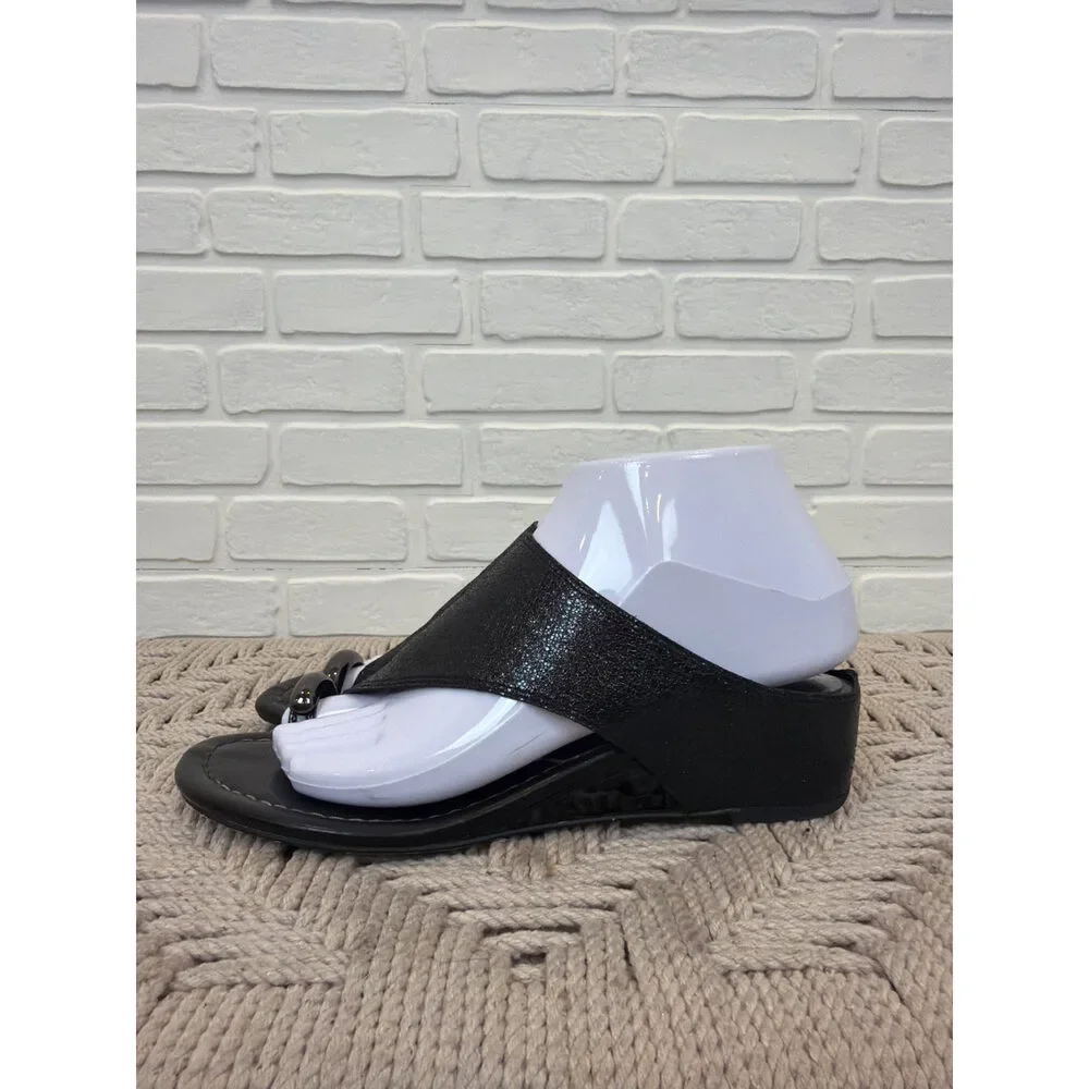 Donald Pliner Vesna Black Metallic Leather Wedge Toe-Ring Sandals 7.5
